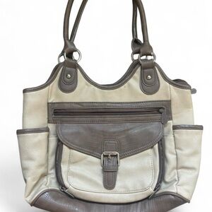 Cream and Brown Women's Handbag